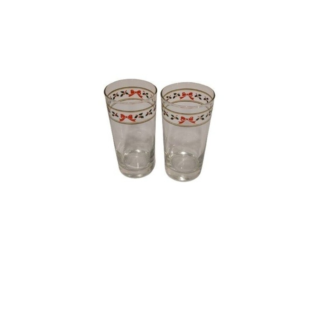 Vintage Anchor Hocking AHC83 Bow and Holly Gold and Green Bands Tumbler Set of 4